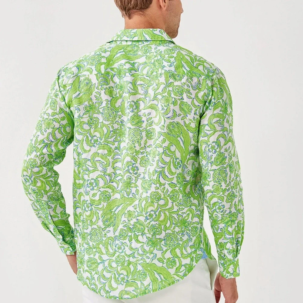 Lilly Pulitzer Men's Stuff Addison Linen Shirt Resort White Lil Daffodil Hill XL - Picture 2 of 5